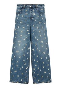 Vida vida byxor i ljusblå denim med vit och gul blommönstring över hela. Klassisk femficksdesign med metallknapp.