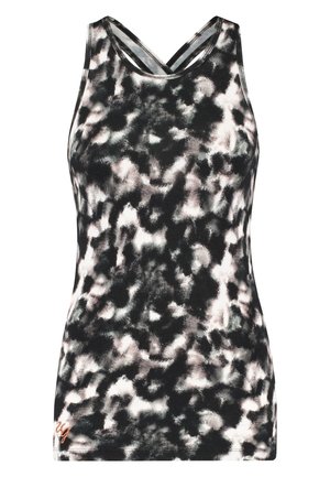 Schwarzes und weißes abstraktes Druck-Tank-Top, mit einem Racerback-Design, aus weichem Stoff, mit dünnen Trägern und subtilen Logodetails in Orange.