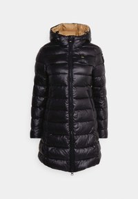 Sort puffervinterjakke med lynlås foran, hætte og quiltet design. Har en kontrastfarvet gylden inderfoer og sidelommer.