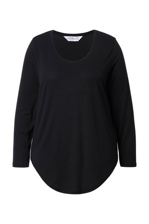 Čierne tričko s dlhým rukávom a okrúhlym výstrihom, so zaobleným lemom, vyrobené z mäkkej látky, zobrazené na jednotnom bielom pozadí.