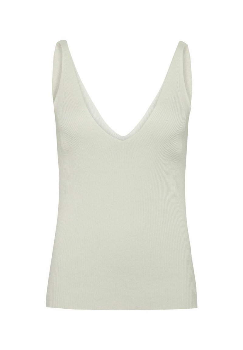 Ribbed tank top vaalean mintunvihreässä, jossa syvä V-pääntie ja leveät olkaimet. Pehmeä, joustava kangas, jolla on istuva siluetti.