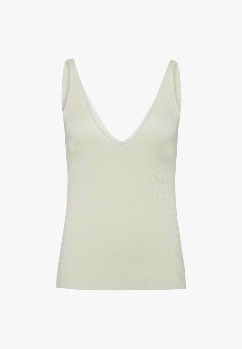 Triibuline tank top helesinisest mündirohelisest värvist, millel on sügavale V-kujuline kaelus ja laiad õlavarre rihmad. Pehme, veniv kangas sobiva silueti saavutamiseks.