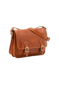 Borsa a spalla in pelle marrone con patta, dettagli con doppia fibbia e tracolla regolabile. Presenta bordi cuciti e una forma rettangolare compatta.