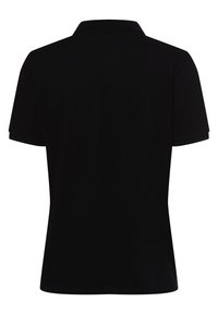 Zwarte polo met een klassieke kraag en korte mouwen. Soepele, egale textuur met een rechte zoom. Eenvoudig, minimalistisch ontwerp.