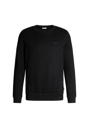 Schwarzes Sweatshirt mit Rundhalsausschnitt aus weichem Stoff, mit langen Ärmeln, gerippten Bündchen und einem kleinen geprägten Logo auf der Vorderseite.