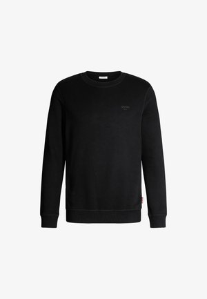 Zwarte sweater met ronde hals, gemaakt van zachte stof, met lange mouwen, geribbelde boorden en een klein reliëflogo op de voorkant.