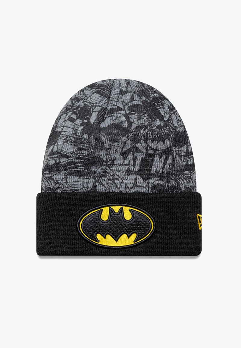 Beanie nera con un motivo grigio di personaggi di Batman, con un logo di Batman ricamato in giallo su un risvolto nero.