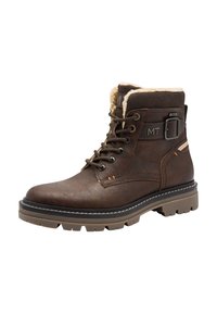Bottines en cuir marron avec doublure en tissu texturé, fermeture à lacets et détail de boucle en métal. Semelle extérieure en caoutchouc durable avec rainures de traction.