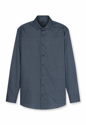 Langärmliges dunkelblaues Hemd mit kleinen geometrischen weißen und grauen Mustern und klassischem Kragen.