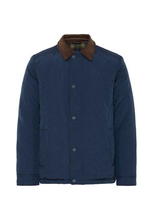 Mornarsko prešito jopico z rjavim žakardnim ovratnikom, ki ima pritisne gumbe in dva stranska žepa, zasnovana za toploto in udobje.