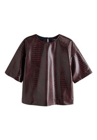 Burgundy faux leather top with a crocodile texture, short sleeves, and a round neckline, featuring a back zipper closure.