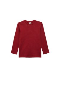 Langærmet t-shirt i dyb rød, lavet af ribbet stof. Har en rund halsudskæring og lige kant uden yderligere mønstre eller detaljer.