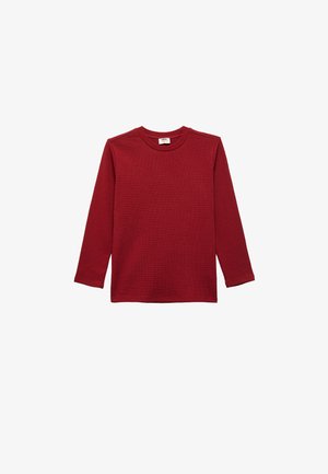 Langarm-T-Shirt in tiefrot, aus geripptem Stoff gefertigt. Verfügt über einen Rundhalsausschnitt und einen geraden Saum ohne zusätzliche Muster oder Akzente.