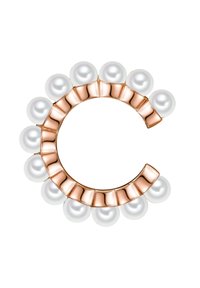 Rožinio aukso pusmėnulio formos segė, papuošta baltais perlai, su keičiamomis lygiais ir vagotais tekstūromis palei kraštą.