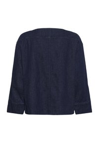 Tmavomodrá džínsová bunda zobrazená zozadu s dlhými rukávmi a viditeľným šitím švov.