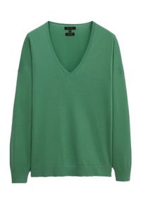 Pull vert col en V en tissu doux, avec manches longues, coupe décontractée, bord-côtes aux poignets et à l'ourlet.