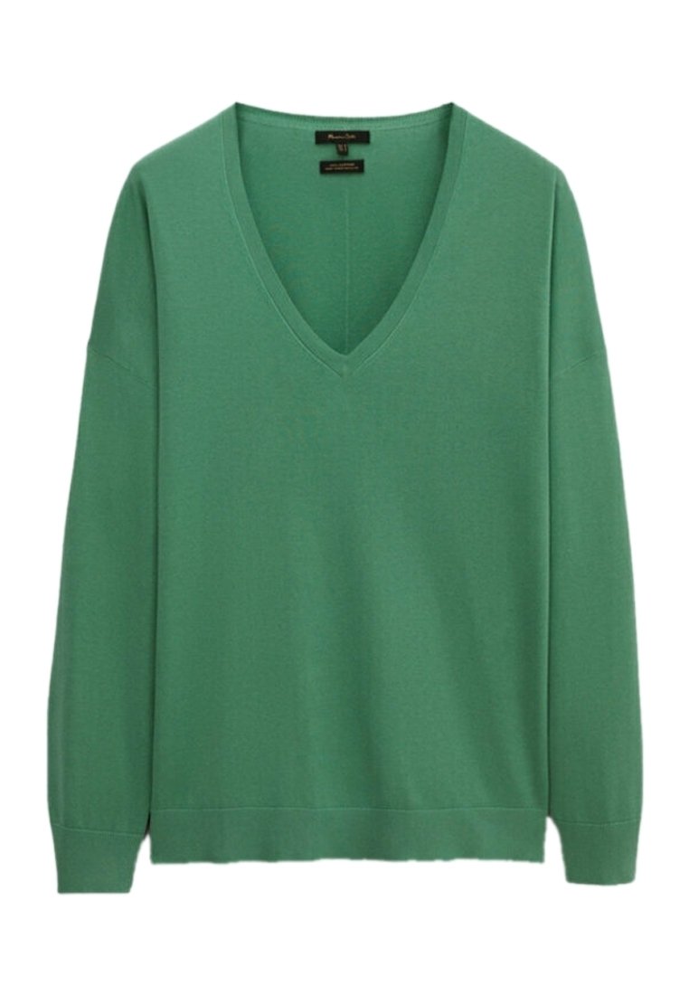 Pull vert col en V en tissu doux, avec manches longues, coupe décontractée, bord-côtes aux poignets et à l'ourlet.