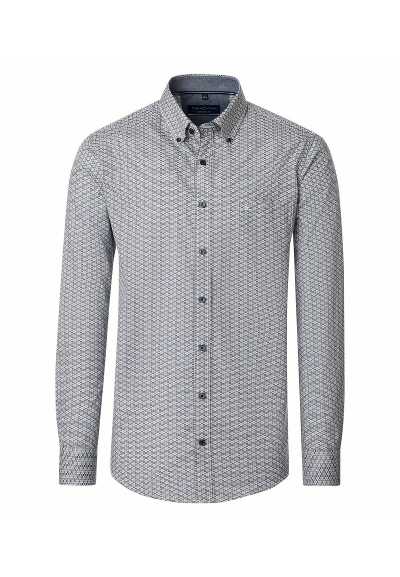 Heren lange mouw knoopshirt met een klein geometrisch patroon in grijs, blauw en bruin, met een button-down kraag en een borstzak.