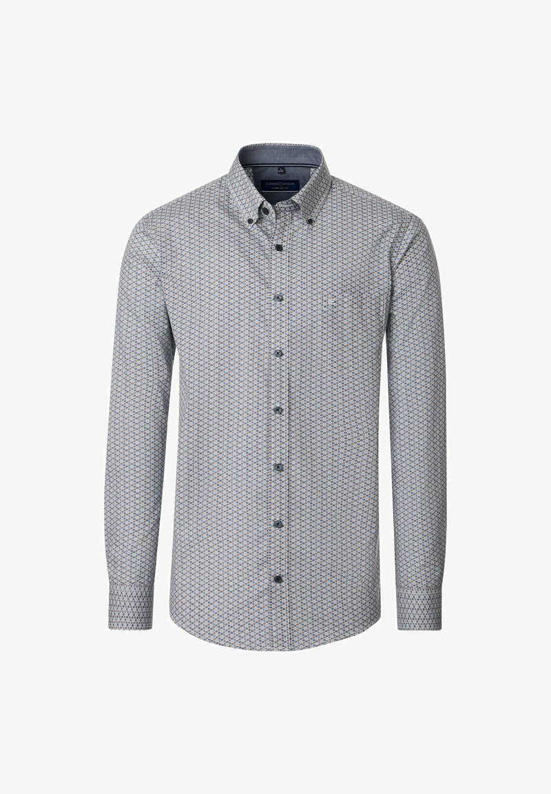 Heren lange mouw knoopshirt met een klein geometrisch patroon in grijs, blauw en bruin, met een button-down kraag en een borstzak.