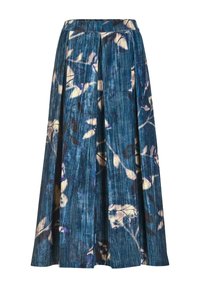 Vloeiende, geplooide midi-rook in blauwe stof, voorzien van een bladpatroon in crème en donkerblauw. Elastische tailleband, gestructureerde afwerking.