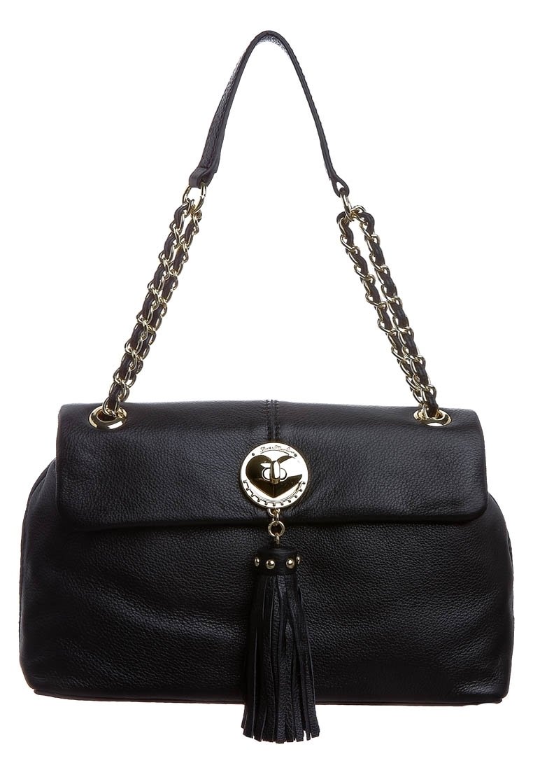 Black leather handbag with a flap, gold hardware, chain strap, and a decorative tassel. Features a round logo on the front.