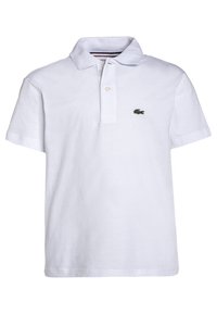 Biała koszulka polo wykonana z bawełny. Posiada klasyczny kołnierzyk, zapięcie na trzy guziki oraz małe, zielone wyhaftowane logo krokodyla na piersi.