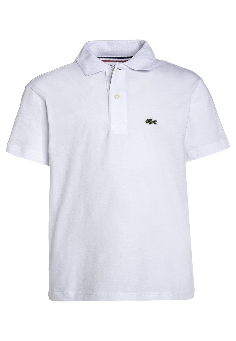 Biała koszulka polo wykonana z bawełny. Posiada klasyczny kołnierzyk, zapięcie na trzy guziki oraz małe, zielone wyhaftowane logo krokodyla na piersi.