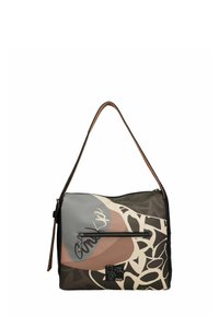 Torba na ramię wykonana z tkaniny we wzory w odcieniach szarości, beżu i brązu. Posiada przednią kieszeń na zamek oraz brązowy pasek.