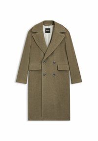 Olive green herringbone wool coat with double-breasted button closure, wide lapels, and two front pockets. Lined interior.