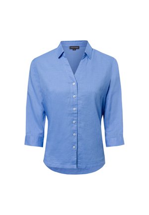 Lichtblauw linnenblouse met V-hals, knoopsluiting en driekwart mouwen. Glad textuur en een gebogen zoomafwerking.