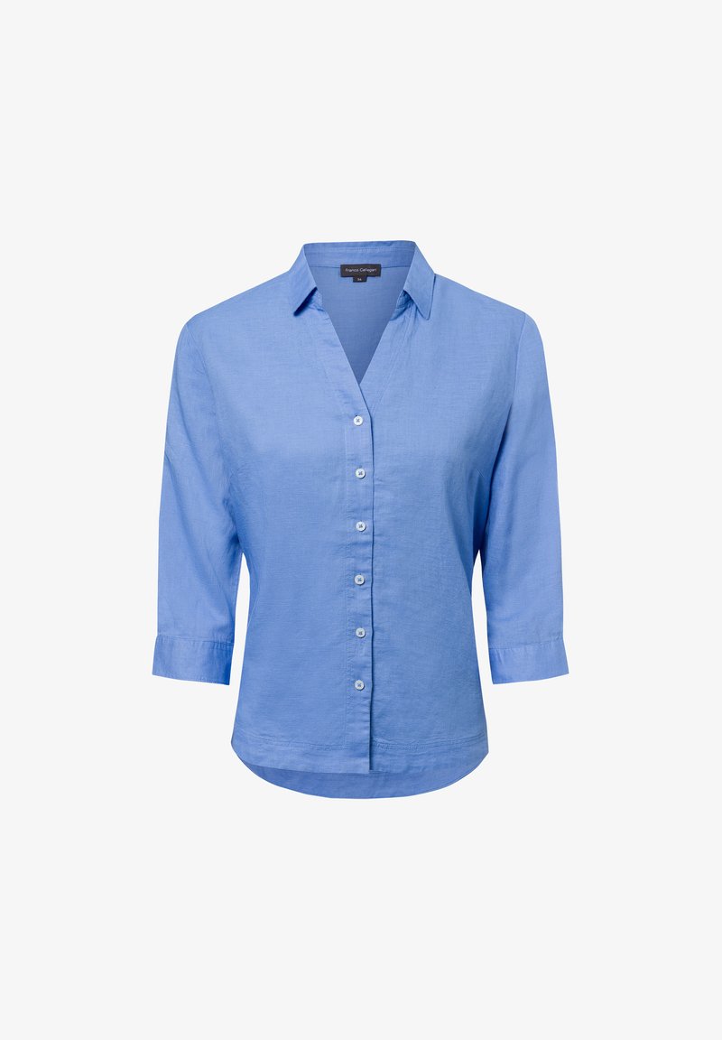 Light blue linen blouse with a V-neck, button closure, and three-quarter sleeves. Smooth texture and a curved hem finish.