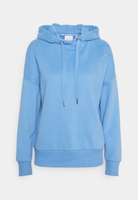 Felpa con cappuccio blu chiaro, maniche lunghe, cordino frontale, polsini a costine e vita a costine.