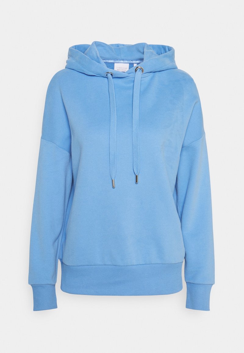Felpa con cappuccio blu chiaro, maniche lunghe, cordino frontale, polsini a costine e vita a costine.