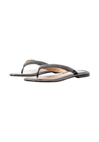 Sorte flip-flops med en metallisk perlesnor, flad sål og minimalistisk design. Glat tekstur med detaljeret syning langs kanterne.