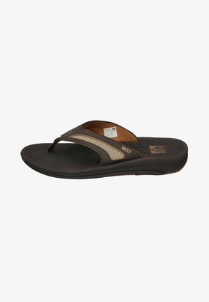 Brown flip-flop sandal with a textured footbed, synthetic straps featuring a lighter accent, and a cushioned sole for comfort.