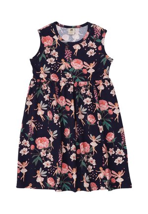 Marineblaues ärmelloses Kleid mit rosa Blumen- und Feenillustrationen, rundem Ausschnitt und geraffter Taillendetail.