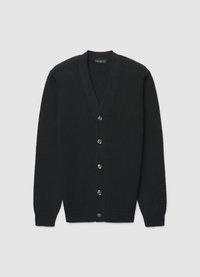 Cardigan en maille noire avec col en V, manches longues et six boutons lisses et ronds sur le devant.