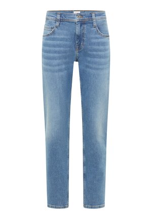 Világoskék egyenes szárú farmernadrág középmagas derékkal, előoldali gombos záródással és öt zsebbel.