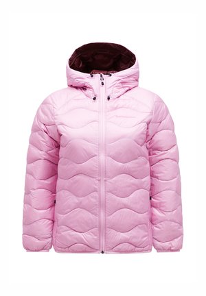 Pink puffer jacket featuring a hood, wave-patterned quilting, front zipper closure, and black drawstrings. Smooth, shiny material.