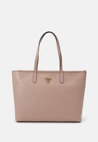 Borsa a spalla di un rosa chiaro realizzata in finta pelle stampata, caratterizzata da motivi a diamante, doppi manici superiori e una placca con logo dorato sulla parte anteriore.