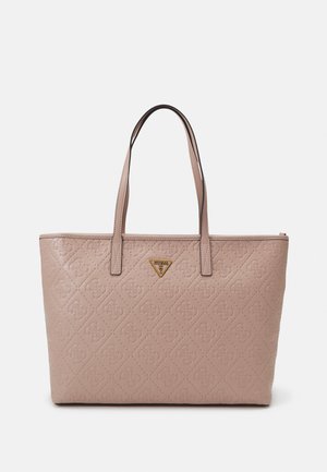 Borsa a spalla di un rosa chiaro realizzata in finta pelle stampata, caratterizzata da motivi a diamante, doppi manici superiori e una placca con logo dorato sulla parte anteriore.