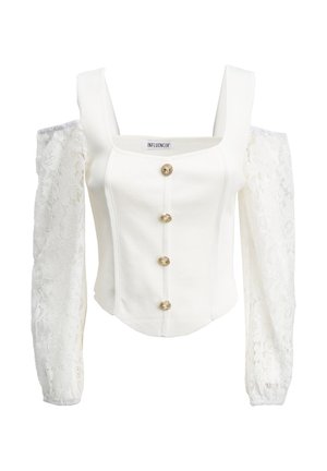 Top bianco aderente con scollo quadrato, bottoni dorati sul davanti e maniche lunghe in pizzo. Tessuto testurizzato con motivo floreale in pizzo.