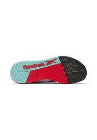Black and red rubber sole with a light blue accent; features ridged texture and the Reebok logo in red.