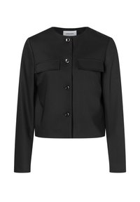 Schwarze kurz geschnittene Jacke mit rundem Ausschnitt, zwei Brusttaschen und sechs Knöpfen vorne. Gefertigt aus glattem Stoff mit taillierter Passform.