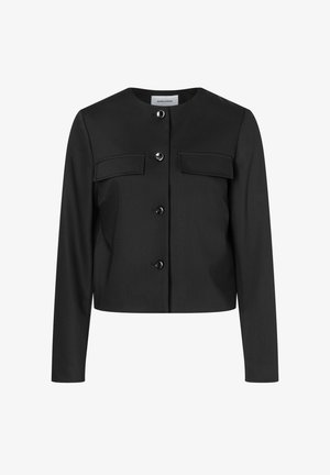 Black cropped jacket with a round neckline, two chest pockets, and six front buttons. Made from smooth fabric with a tailored fit.