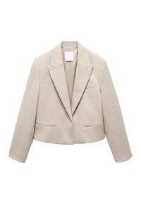 Blazer cropped beige realizzato in tessuto testurizzato. Presenta un colletto a revers, una tasca sul petto e due tasche frontali con una fodera interna liscia.