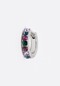 Orecchino a cerchio in argento con gemme rotonde alternate nelle tonalità di rosa, verde e blu, con una finitura lucida e liscia.