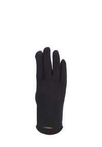 Guanto di stoffa nero con un piccolo etichetta metallica che riporta la scritta "FASHION" vicino al polso, mostrato piatto con le dita distese.