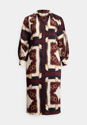 Robe longue boutonnée avec col en col, manches bouffantes et motif géométrique en bordeaux, marine, crème et motifs de chaîne dorée.
