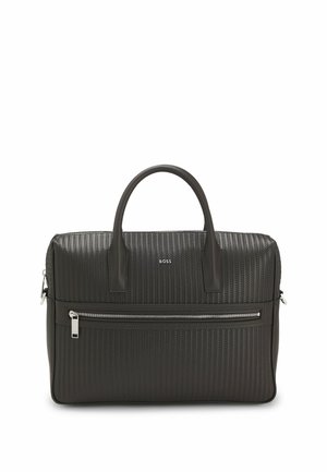 Black textured leather briefcase with double handles, front zip pocket, and silver BOSS logo centered above the pocket.